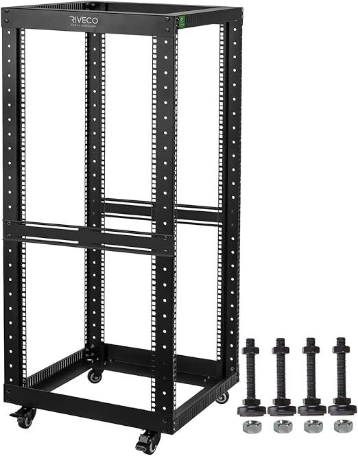 RIVECO 25U Open Frame Server Rack with Wheels- Heavy Duty 4 Post Quick Assembly 19-inch Support 600 LBS Equipment Thick Cold Rolled Steel Cabinet Black