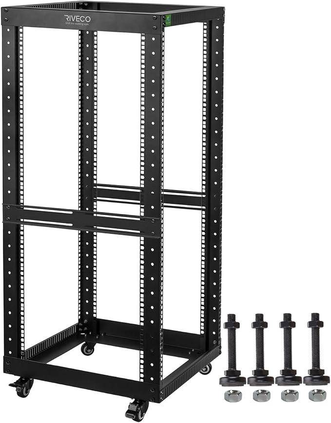 RIVECO 25U Open Frame Server Rack with Wheels- Heavy Duty 4 Post Quick Assembly 19-inch Support 600 LBS Equipment Thick Cold Rolled Steel Cabinet Black