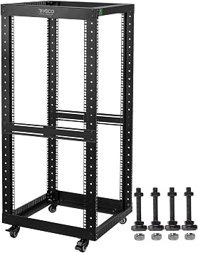 RIVECO 25U Open Frame Server Rack with Wheels- Heavy Duty 4 Post Quick Assembly 19-inch Support 600 LBS Equipment Thick Cold Rolled Steel Cabinet Black
