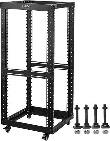 RIVECO 25U Open Frame Server Rack with Wheels- Heavy Duty 4 Post Quick Assembly 19-inch Support 600 LBS Equipment Thick Cold Rolled Steel Cabinet Black