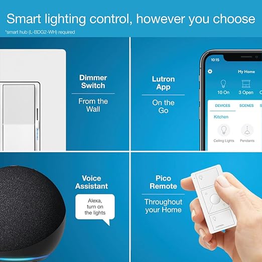 Lutron Diva Smart Dimmer Light Switch for Caseta Lighting (Lutron Smart Hub Required), for LED Lights, 150W, Single-Pole/3-Way, No Neutral, Ivory (DVRF-6L-IV)