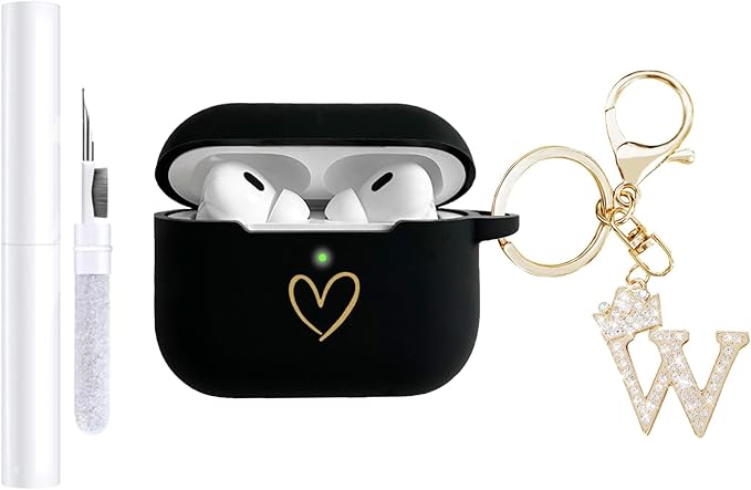 Compatible with AirPods Pro 3 Case Cover (2025), Soft Silicone Case with Gold Heart Pattern for AirPods Pro 3rd Generation Case with Rhinestone Studded Letter A-Z Keychain (W Black)