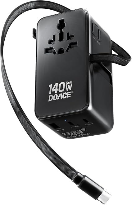 DOACE Universal Travel Adapter, 140W GaN 3.0 European Travel Plug Adapter with Built-in USB-C Cable, 6 in 1 USB-C PD Fast Charging Universal Adapter for Worldwide Travel-EU/UK/USA/AUS