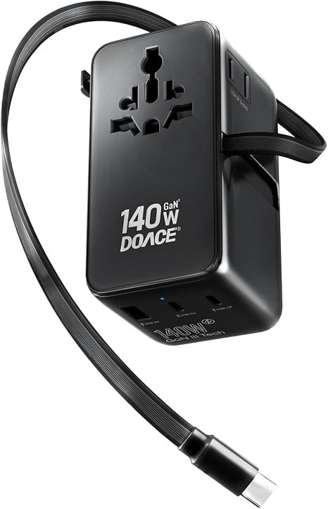 DOACE Universal Travel Adapter, 140W GaN 3.0 European Travel Plug Adapter with Built-in USB-C Cable, 6 in 1 USB-C PD Fast Charging Universal Adapter for Worldwide Travel-EU/UK/USA/AUS