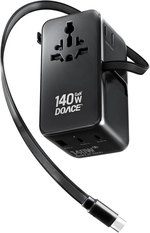 DOACE Universal Travel Adapter, 140W GaN 3.0 European Travel Plug Adapter with Built-in USB-C Cable, 6 in 1 USB-C PD Fast Charging Universal Adapter for Worldwide Travel-EU/UK/USA/AUS