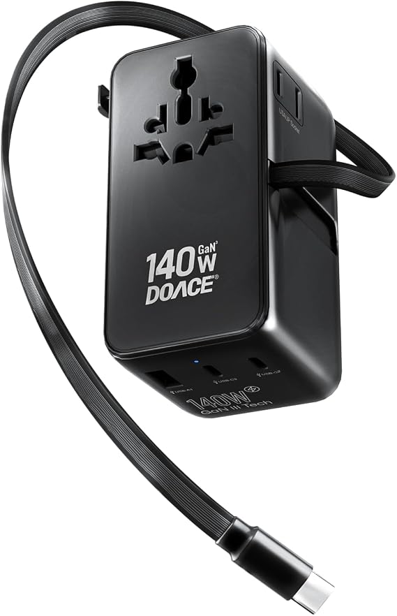 DOACE Universal Travel Adapter, 140W GaN 3.0 European Travel Plug Adapter with Built-in USB-C Cable, 6 in 1 USB-C PD Fast Charging Universal Adapter for Worldwide Travel-EU/UK/USA/AUS