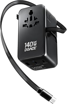 DOACE Universal Travel Adapter, 140W GaN 3.0 European Travel Plug Adapter with Built-in USB-C Cable, 6 in 1 USB-C PD Fast Charging Universal Adapter for Worldwide Travel-EU/UK/USA/AUS