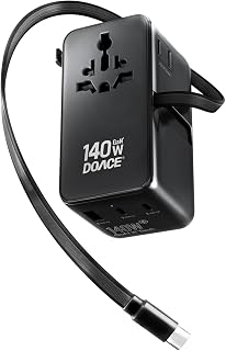 DOACE Universal Travel Adapter, 140W GaN 3.0 European Travel Plug Adapter with Built-in USB-C Cable, 6 in 1 USB-C PD Fast Charging Universal Adapter for Worldwide Travel-EU/UK/USA/AUS - Image 1