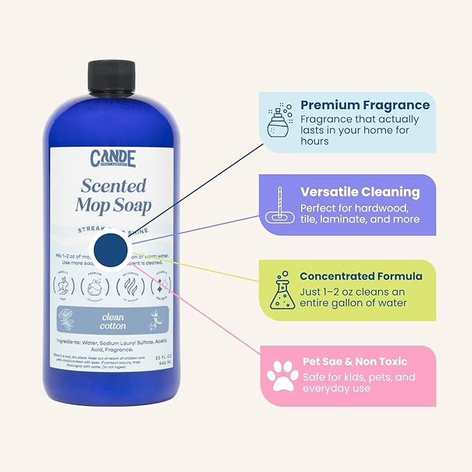 CANDE Mop Soap - Highly Scented Mop Soap, Luxury Floor Cleaner, Premium Fragranced Floor, Streak-Free Shine, 32 oz (Teakwood & Mahogany)