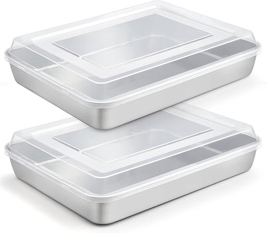 TeamFar Lasagna Pan, 12.3’’ x 9.75’’ x 2’’ Stainless Steel Rectangular Cake Brownie Baking Pan with Lid, Non-Toxic & Heavy Duty, Brush Surface & Deep Side, Dishwasher Safe-2 Pans+2 Lids