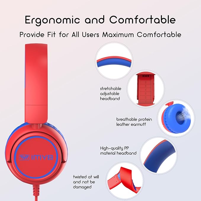 Kids Headphones Wired, Stereo Foldable Tangle-Free 3.5mm Jack Adjustable On-Ear Headphones for Kids/Toddlers/Children/Teens/Boys/Girls/School/Ipad/Tablet/Kindle/Phones/Travel/Plane (Red)
