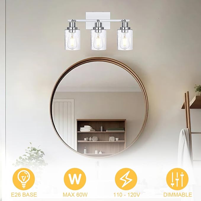 3-Light Chrome Track Light Fixture Ceiling Track Lighting Heads with Seeded Glass Chrome Multi-Directional Rotating Track Lighting Kit Vanity Light Spotlight for Kitchen Accent Shop Bathroom