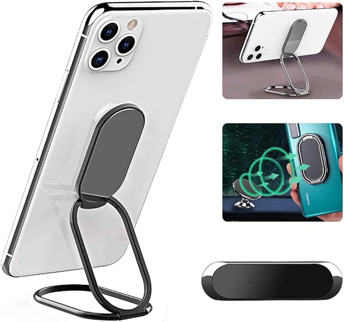 Phone Ring Holder Finger Kickstand, Foldable 360° Rotation Cellphone Grip for Desk, Office Desktop, Cell Phone Stand Compatible with iPhone iPad Smartphones Tablets (with Magnetic Car Mount)