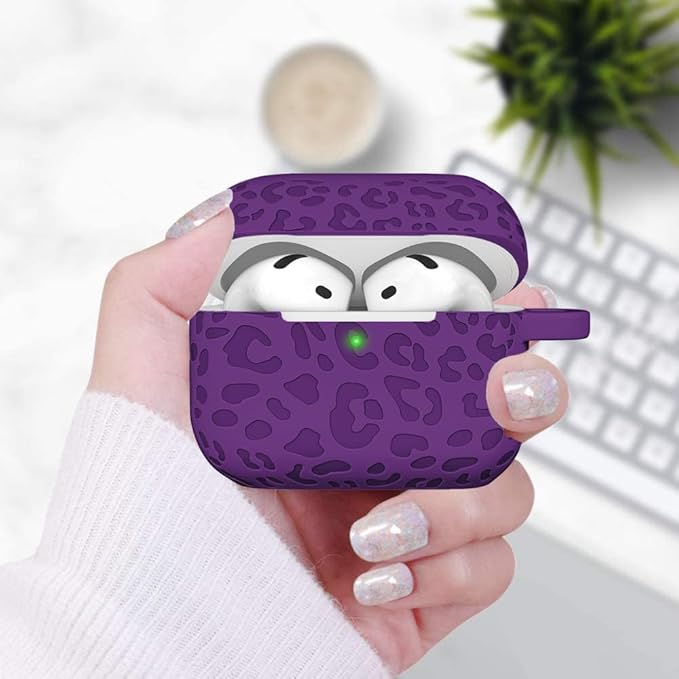 Engraved Leopard Case Compatible with AirPods 4th Generation Cover with Keychain, Skin Soft Cover for Compatible with AirPods 4 Case Full Protection,Front LED Visible, Dark Purple