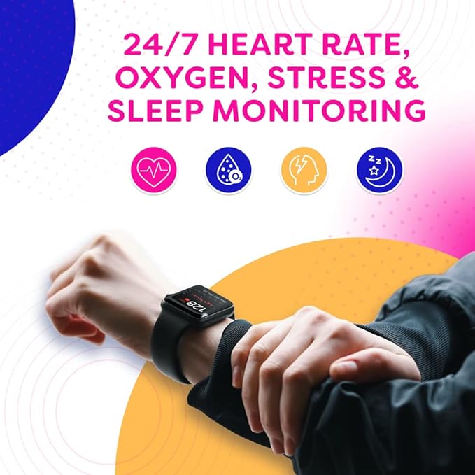 OCTANDRA Go VeryFit 1.69" Smart Watch - Heart Rate Blood Oxygen Saturation Sleep Monitor - Step Counter Pedometer - 5ATM Exercise Activity Fitness Tracker Watches for Men Women (ID207) (Black)