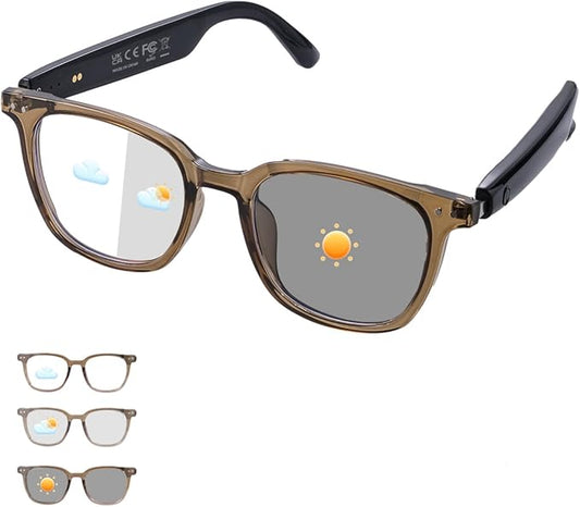 Smart Glasses for Women Men, Bluetooth Glasses with Photochromic Lenses Touch Control Voice Assistant for Clear Audio, Remote Photography, Clear Brown Frame and Black Legs, Perfect for Indoor Outdoor