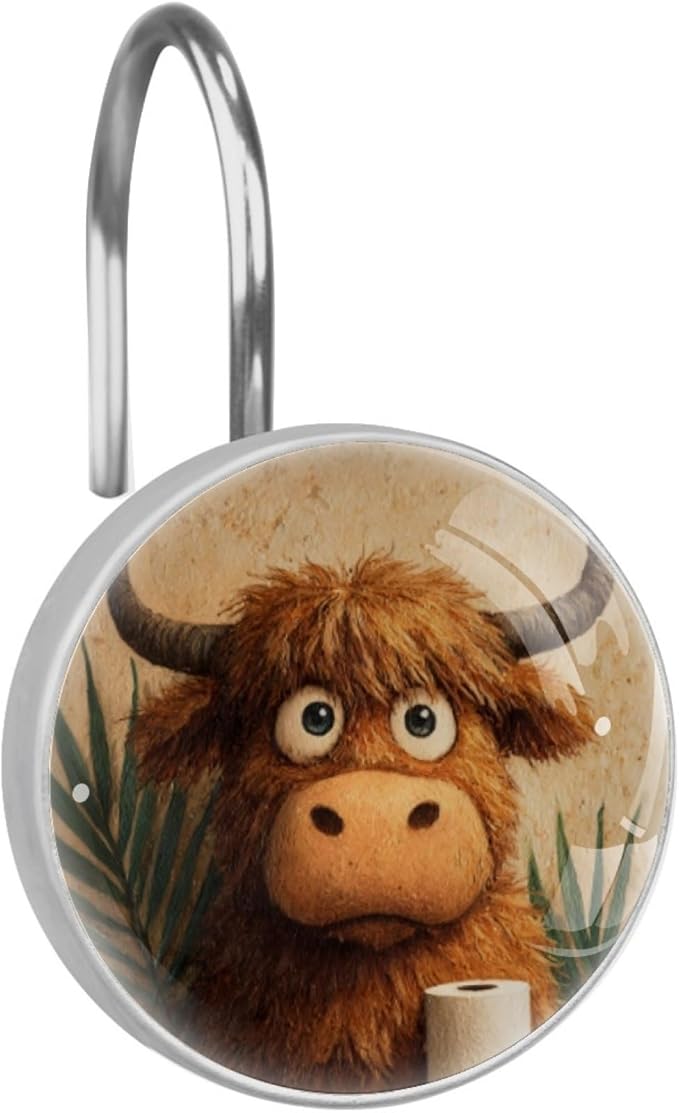 12 Packs Retro Cute Highland Cow Shower Curtain Hooks, Stainless Steel Glass Shower Curtain Rings for Bathroom Decor, Metal Rustproof Curtain Rod Hooks