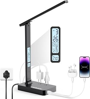 Infiway Desk Lamp with USB Charging Port: LED Stepless Dimmable Eye Caring Desk Light for Home Office - 1 Type-C, 1 USB-A Charging Port, 2 AC Power Outlets, Multiple Light Modes for Study and Bedroom - Image 1