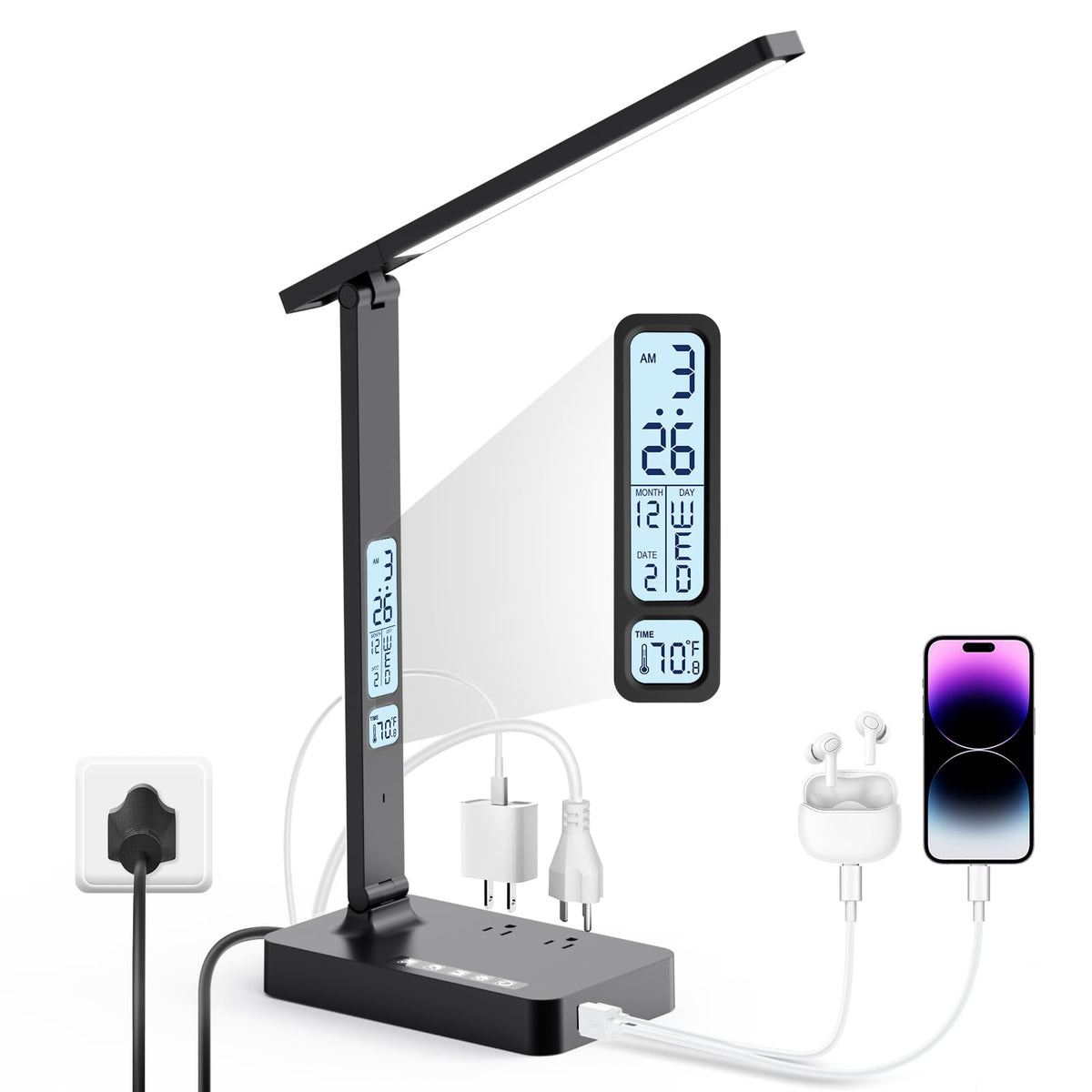Infiway Desk Lamp with USB Charging Port: LED Stepless Dimmable Eye Caring Desk Light for Home Office - 1 Type-C, 1 USB-A Charging Port, 2 AC Power Outlets, Multiple Light Modes for Study and Bedroom