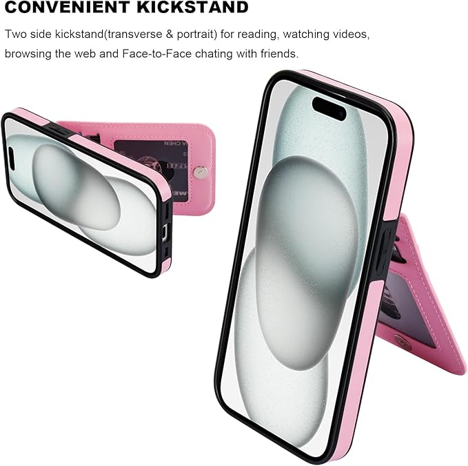 KIHUWEY Compatible with iPhone 15 Case Wallet with Credit Card Holder, Flip Premium Leather Magnetic Clasp Kickstand Heavy Duty Protective Cover for iPhone 15 6.1 Inch (Pink)
