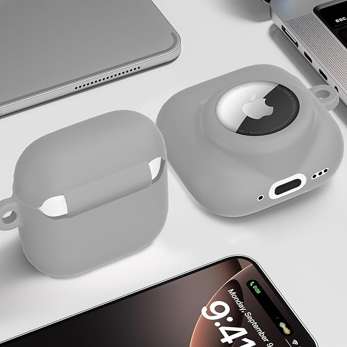 2 in 1 Silicone Case Compatible with AirPod 4 and AirTag 2/1, Shockproof Protective Skin Cover for AirPods 4th Generation with Cleaner Kit & Carabiner (Grey)