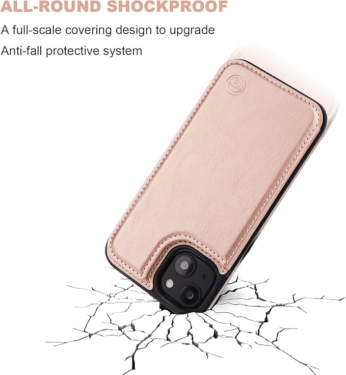 ONETOP Compatible with Magsafe for iPhone 13 Wallet Case with Card Holder, PU Leather Kickstand RFID Blocking Case, Double Magnetic Clasp and Durable Shockproof Cover 6.1 Inch (Rose Gold)
