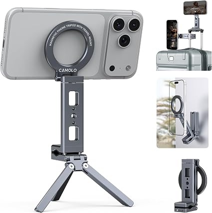 Magnetic Phone Tripod,360°Rotating Adjustable Travel Tripod Mount,Foldable Cell Phone Stand with Clip&1/4" Screw for iPhone 17/16/15/14/13/12 Pro Max&Magsafe Tripod,Fits Gym,Vlog,Travel,Kitchen