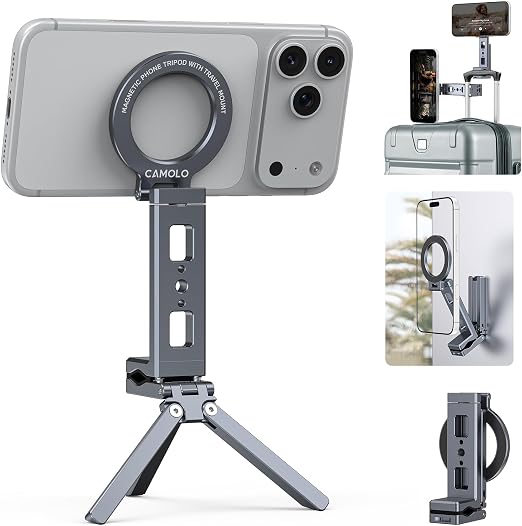Magnetic Phone Tripod,360°Rotating Adjustable Travel Tripod Mount,Foldable Cell Phone Stand with Clip&1/4" Screw for iPhone 17/16/15/14/13/12 Pro Max&Magsafe Tripod,Fits Gym,Vlog,Travel,Kitchen