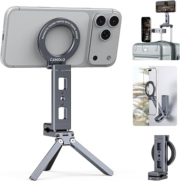 Magnetic Phone Tripod,360°Rotating Adjustable Travel Tripod Mount,Foldable Cell Phone Stand with Clip&1/4" Screw for iPhone 17/16/15/14/13/12 Pro Max&Magsafe Tripod,Fits Gym,Vlog,Travel,Kitchen