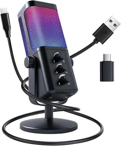 VCOM USB Microphone for PC, RGB Gaming Microphone with Mute Button, Gain Control, Monitoring Headphone 3.5mm Jack, PC Mic for Gaming, Streaming, Podcast, VoiceOver, Recording