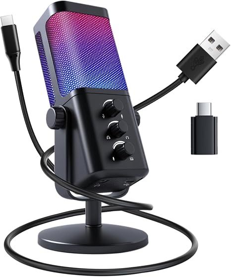 VCOM USB Microphone for PC, RGB Gaming Microphone with Mute Button, Gain Control, Monitoring Headphone 3.5mm Jack, PC Mic for Gaming, Streaming, Podcast, VoiceOver, Recording