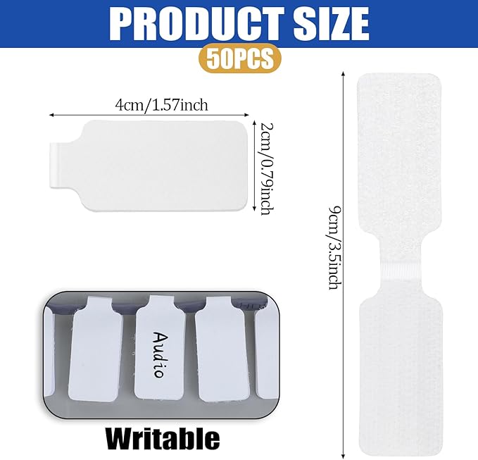 50 Pack Nylon Writable Self-Adhesive Labels - White, Waterproof, Reusable Cable Tags for Electronics, Computers & Cable Management