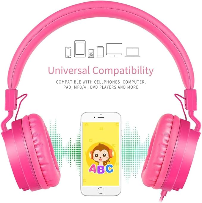 gorsun Kids Headphones, Lightweight Stereo Wired Toddler Headphones, Adjustable Headband Children's Headset for Smartphones Computer Pad Earphones(Pink)