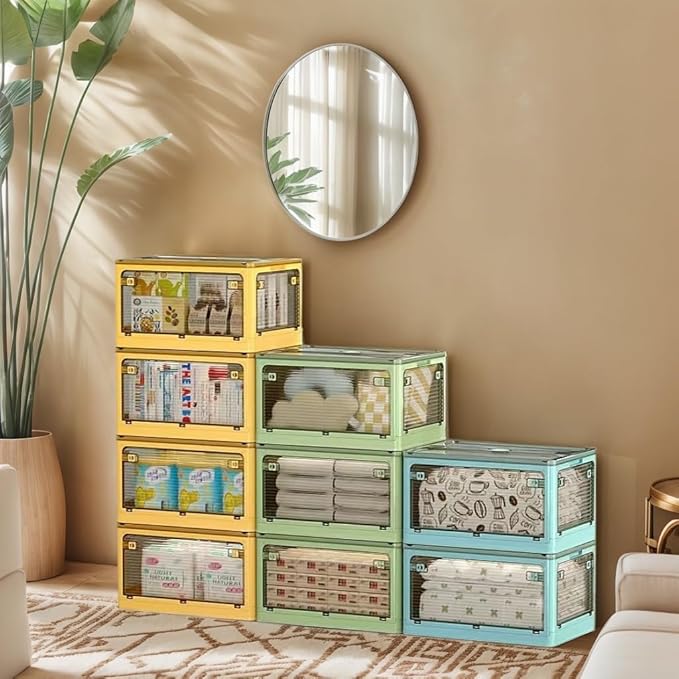 24Quart (8Pack) 15.95x11.42x9.45 ($15 each) Clear Plastic Storage Bins With Lids, collapsible, stackable With Wheels and Four Doors, Closet Pantry Organizer,Clothes Organizer