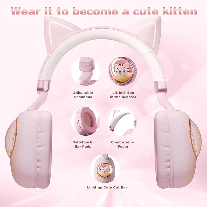 Cat Ear Headset, Kids Headphone Volume Limited 85dB, Wireless Bluetooth Over-Ear/On-Ear Foldable Headphone with Built-in Mic for Girls in Travel School with Phone Tablet Laptop PC PS4, Xbox