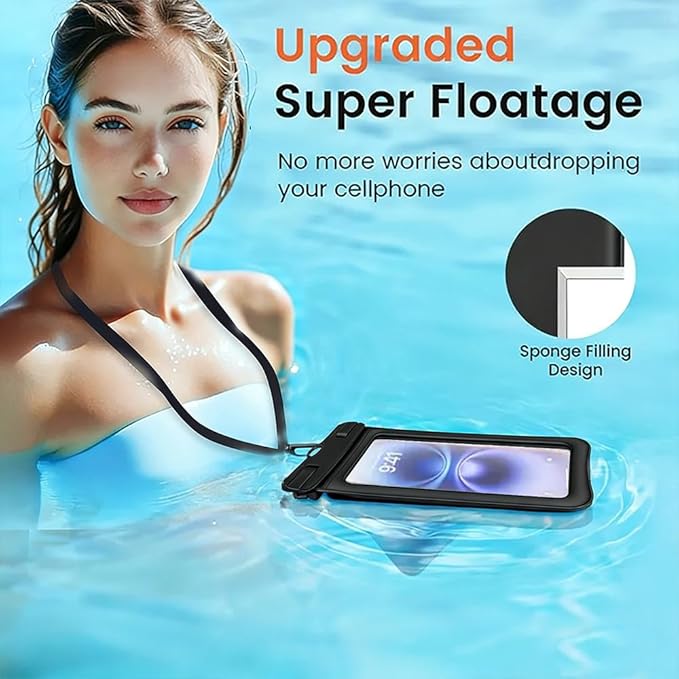 Floating Waterproof Phone Pouch, IPX8 Waterproof Phone Case with Lanyard, Dry Bag for Beach, Pool, Cruise Travel Essentials, Underwater Case for Snorkeling & Waterpark Black
