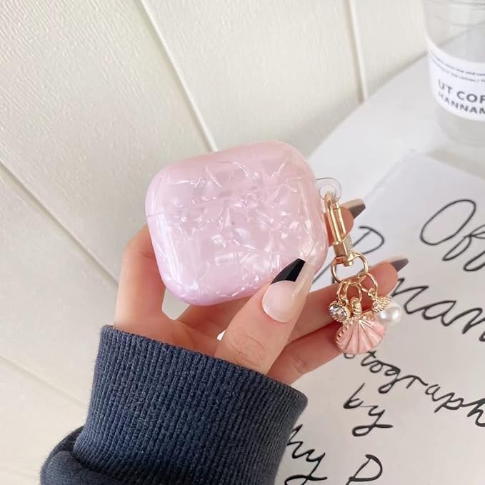 for Airpod 4 Case Cute Luxury Marble Protective Cover with Glitter Shell Pearl Keychain Compatible with AirPods 4th Generation Case 2024 for Girls Women (Pink)