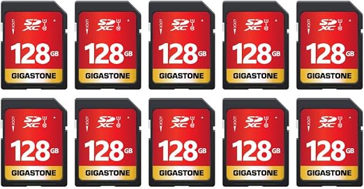 GIGASTONE 128GB SD Card 10-Pack UHS-I U1 Class 10 SDXC Memory Card Full HD Video for Digital Camera, Speed up to 80MB/s, Full-Sized SD Card, with 10 mini Cases