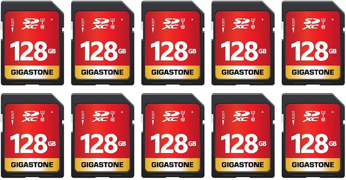 GIGASTONE 128GB SD Card 10-Pack UHS-I U1 Class 10 SDXC Memory Card Full HD Video for Digital Camera, Speed up to 80MB/s, Full-Sized SD Card, with 10 mini Cases