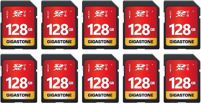 GIGASTONE 128GB SD Card 10-Pack UHS-I U1 Class 10 SDXC Memory Card Full HD Video for Digital Camera, Speed up to 80MB/s, Full-Sized SD Card, with 10 mini Cases