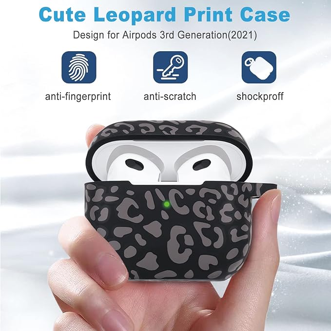 Leopard Silicone Compatible with AirPods 3 Case 2021, Gawnock Soft Case Flexible Compatible with AirPods 3rd Generation Print Cover for Women Girls with Keychain (Grey Leopard)