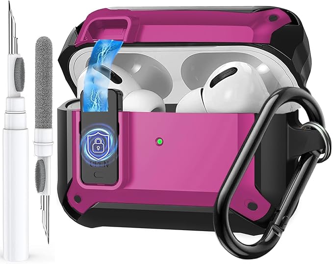 for Airpods Pro 3 Case with Magnetic Automatic Lock, Rugged Apple Airpod Pro 3rd Generation Cover 2025, Armor Shockproof iPod Pro3 Gen Protective Shell with Carabiner&Cleaner kit, Black/Magenta