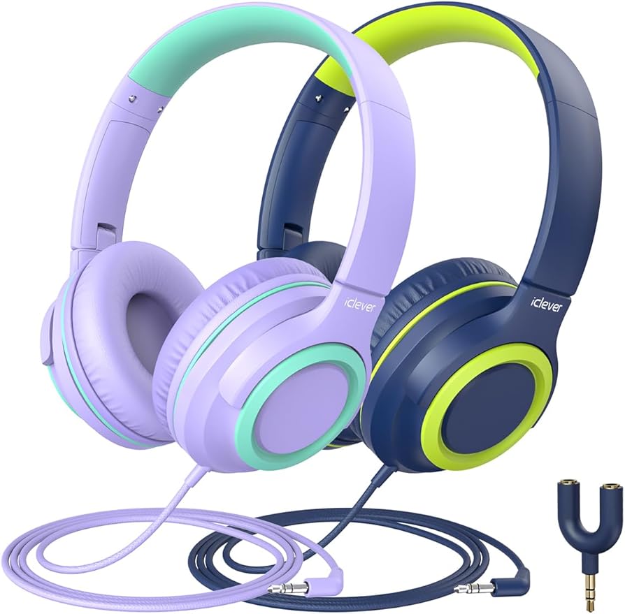 iClever 2Pack Kids Headphones with Sharing Splitter - 85dBA Safe Volume Limited - HS22 Wired Headphones for Kids Teens, Tangle-Free 3.5mm Jack Foldable Stereo Headphone for School/Tablet/Travel