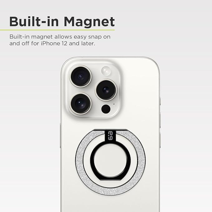 PureGear Magnetic Phone Grip Ring Stand, Magnetic Phone Ring Holder for MagSafe iPhone Air, 17, 17Pro, 17ProMax, 16, 16Pro, 16Plus, 15, 14, 13,12 Adjustable Kickstand (Brushed Black Silver Glitter)