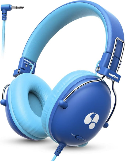 Kids Headphones, 74/85dB Safe Volume Limit, Stereo Sound, Wired On-Ear Headphones for Kids Boys Girls, 3.5mm Jack for Tablet, iPad, Kindle, YOTO Player, Airplane Travel, Blue