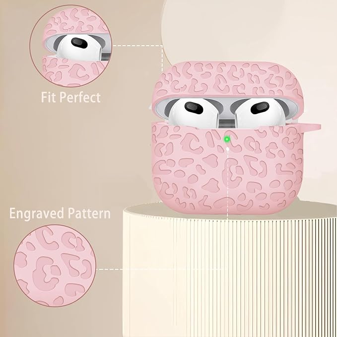 Engraved Case for AirPods 3rd Generation Carving Cover with Keychain, Leopard Skin Soft Cover for Compatible with AirPods 3rd Generation Case Full Protection,Front LED Visible,Pink