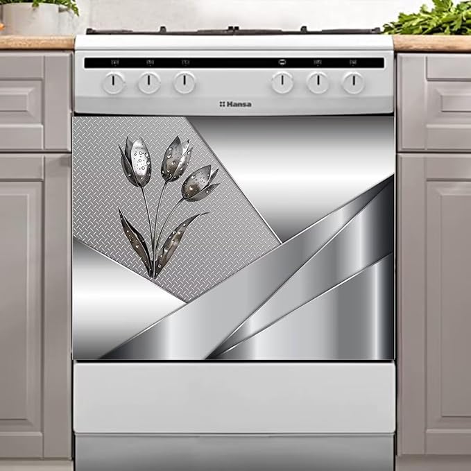 Polished Metal Texture Dishwasher Magnetic Cover for Door Front,Silver Stainless Steel Flowers Refrigerator Magnet Decor Floral Magnet Panel Decal, Fridge Home Appliance Sticker 23x17inch