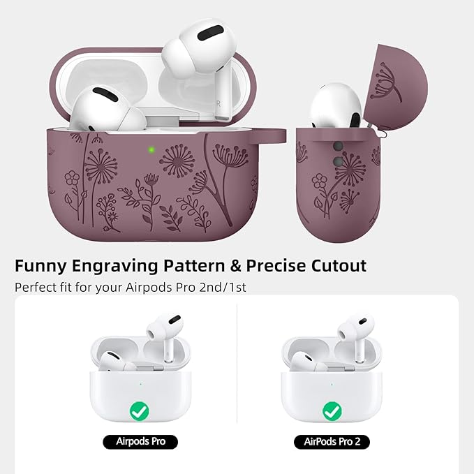 Lerobo Flower Engraved Cover Compatible with Airpods Pro 2 Case USB C, Cute Silicone Skin Cover Full Protective Case for Apple AirPod Pro, Front LED Visible, Smokey Mauve