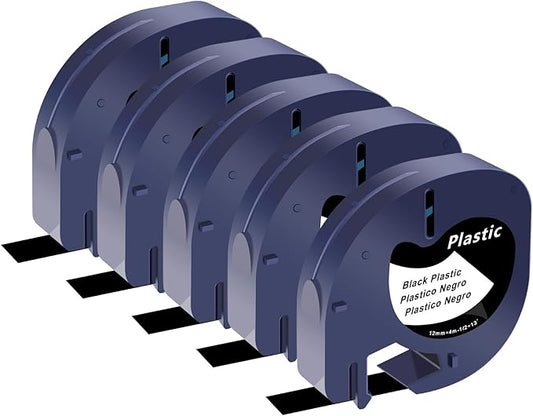 5 Pack LT Tape Compatible for Dymo Letratag Label Maker Refills 913318 White on Black Plastic Label Maker Tape 12mm x 4m (1/2" x 13') for Dymo LT Refills 200B LT100H LT100T LT110T