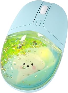 elec Space Wireless Bluetooth Mouse -Cute Clear Aqua Design, Glitter Liquid Sand Water Mouse with Optical Precision, Silent Clicks, LED Breathing Light,Transparent Retro Style for Home Office (Green)